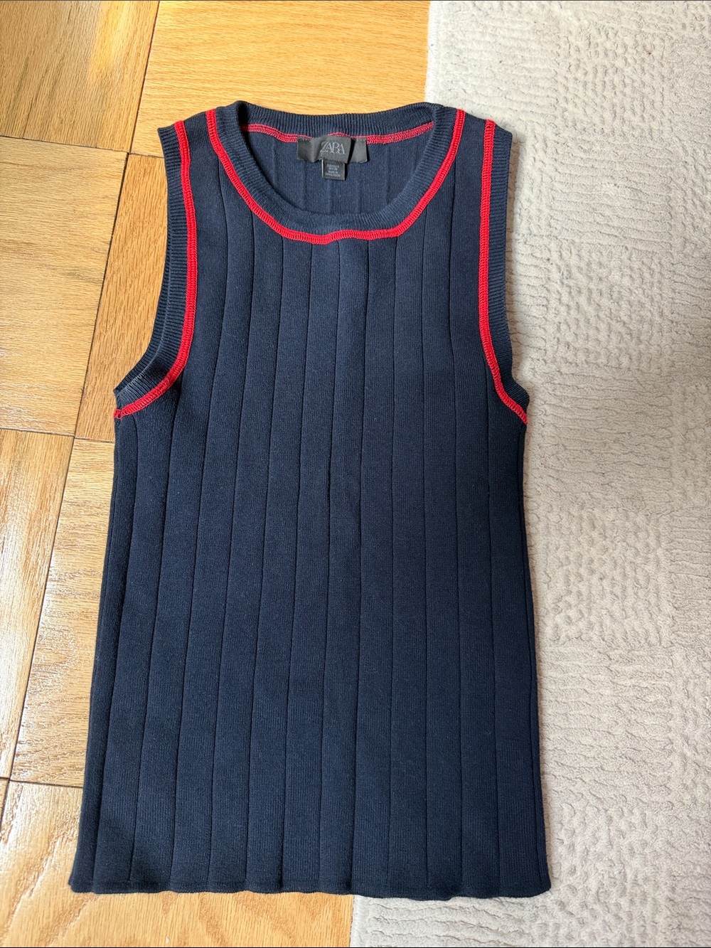 Zara Navy Ribbed Knit Tank with Red Trim